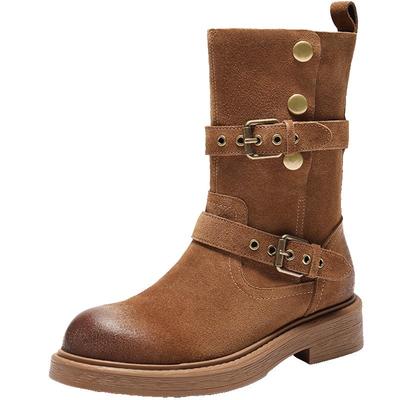 百丽复古厚底棕色西部堆堆靴女冬季新款牛仔短靴子E7Z1DDZ5