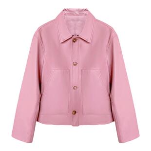 茉萱头层进口绵羊皮真皮外套短款2025粉色皮衣女翻领时尚皮夹克