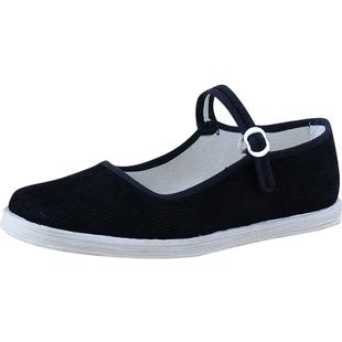 透气女鞋老北京千层底一字扣带灯芯绒女鞋黑色方口布底布鞋女夏天