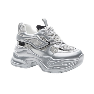水钻银色老爹鞋女内增高小个子厚底2025新款春夏时尚休闲运动鞋子
