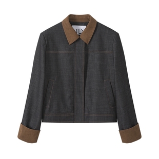 LILY外套女2025新款秋灯芯绒翻领拼接上衣宽松休闲百搭仿牛仔夹克