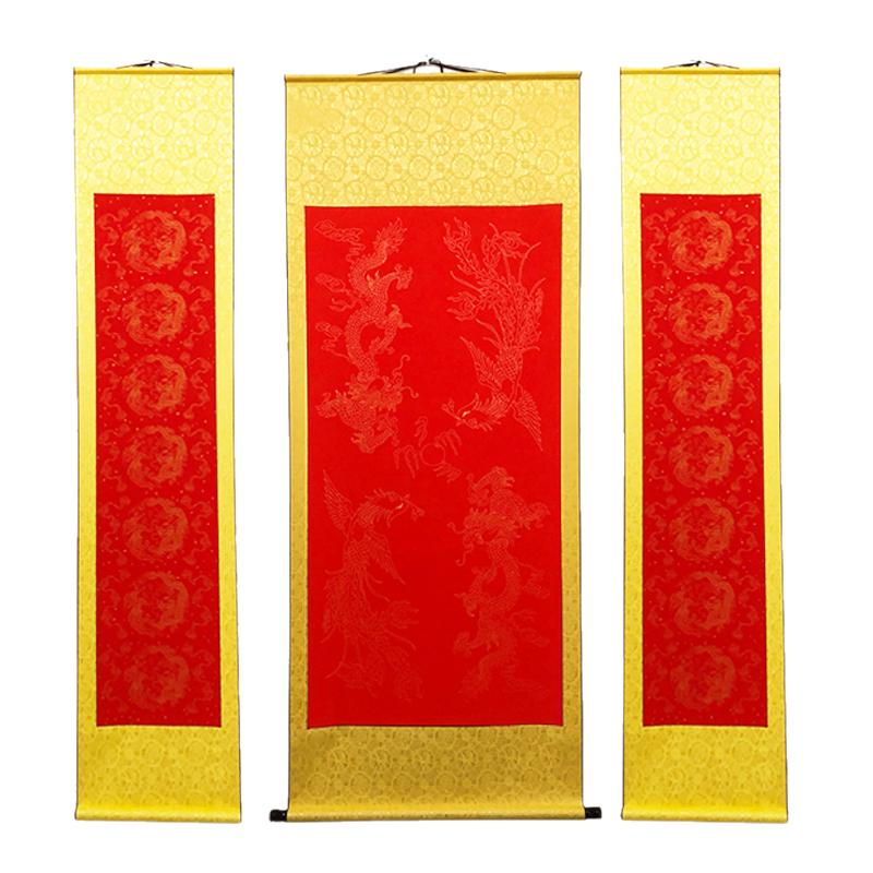 宣纸空白画卷四尺六尺万年红龙凤仙鹤烫金对联全绫挂轴画轴批发