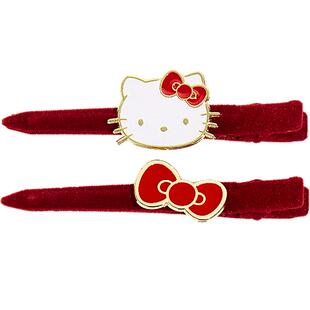 兰诺HelloKitty正版授权红色丝绒新年发夹女2026新款高端侧边夹子