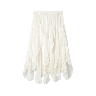 COUNTONME 气质浪漫/ 春秋季不规则蕾丝拼接薄纱花边显瘦半身裙女