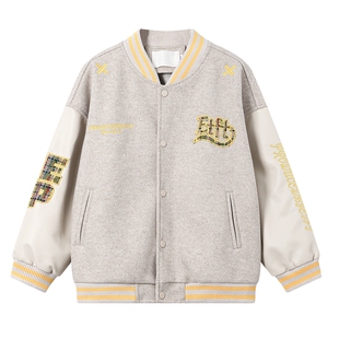 男童春季韩范毛呢棒球服外套2026新款学生儿童春秋运动拼接皮夹克