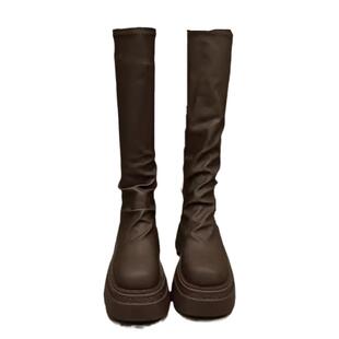 黑色瘦瘦长筒靴女2025秋季新款厚底不过膝高筒骑士靴小个子长靴子