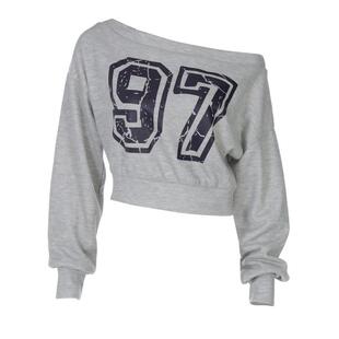 美式复古数字印花露肩长袖卫衣2026秋冬新款辣妹显瘦百搭斜肩上衣