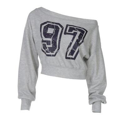 美式复古数字印花露肩长袖卫衣