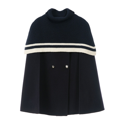 SOMSOM/索玛冬季绵羊毛普蓝色撞色针织双面呢斗篷大衣保暖外套女