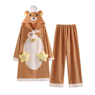 侘町2025新款厨师轻松熊冬季睡袍女法兰绒保暖卡通套装休闲家居服