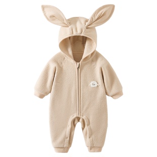 木植绒绒新生儿带帽连体衣秋冬季保暖宝宝雪粒绒连身衣婴儿外出服