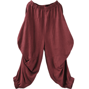 易见精品原创民族风亚麻休闲大码阔腿厚宽松棉麻灯笼裤女秋