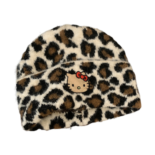 可爱豹纹猫咪毛线帽女秋冬保暖显脸小针织包头帽子大头围冷帽防寒