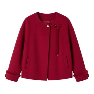 国风红色双面羊绒大衣女短款秋冬新款宽松高级感小香风羊毛呢外套