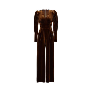 XULU原创初秋丝绒复古知性优雅修身气质美拉德色泡泡袖V领连体裤