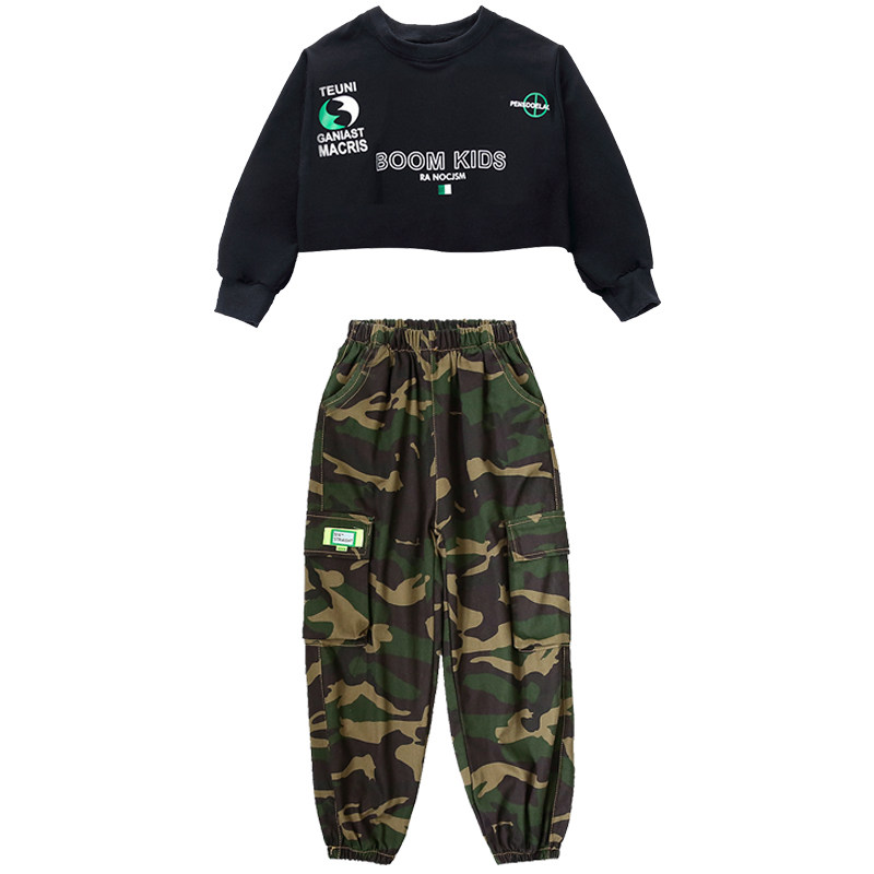 女童迷彩演出服少儿hiphop街舞服秋冬露脐潮流卫衣工装裤吃鸡套装