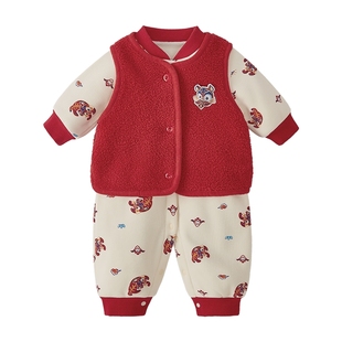 [抗菌远红外]婴儿红色连体衣幼童哈衣两件套婴童秋冬加绒宝宝衣服