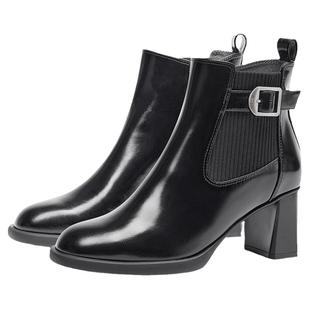 KISSCAT接吻猫新款复古瘦瘦靴真皮短靴法式高跟靴棕色靴子女