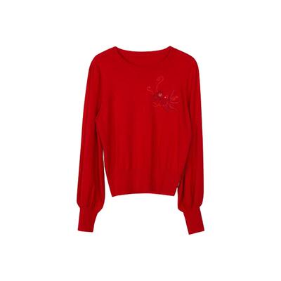 谜底新年红套头针织衫女春季新款简约圆领刺绣毛衣241MZ0320