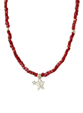 S925纯银姜饼人红水晶锁骨链女