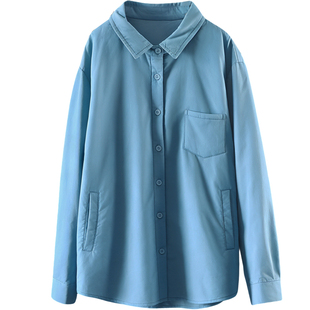 冬季宽松文艺翻领长袖夹棉款100%棉衬衫女士通勤百搭纯色棉服上衣