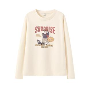 班尼路美式复古印花长袖T恤女2026春夏新款圆领宽松休闲百搭上衣Q