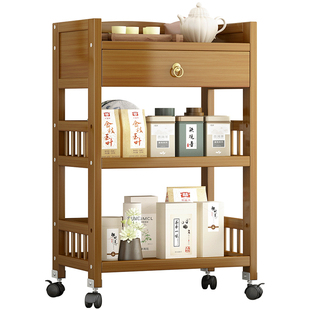 可移动书架办公客厅靠墙收纳置物架书柜带轮落地多层实木楠竹推车