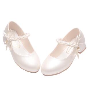女童高跟鞋春秋新款中大童配礼服表演皮鞋小女孩水晶鞋白色公主鞋