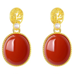 天然保山南红柿子红耳饰女复古国风新中式高级感大气蛋面汉服耳环