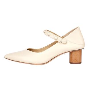 LINGMEICHEN一字带高跟鞋白色玛丽珍女鞋牛皮尖头粗跟单鞋穆勒鞋