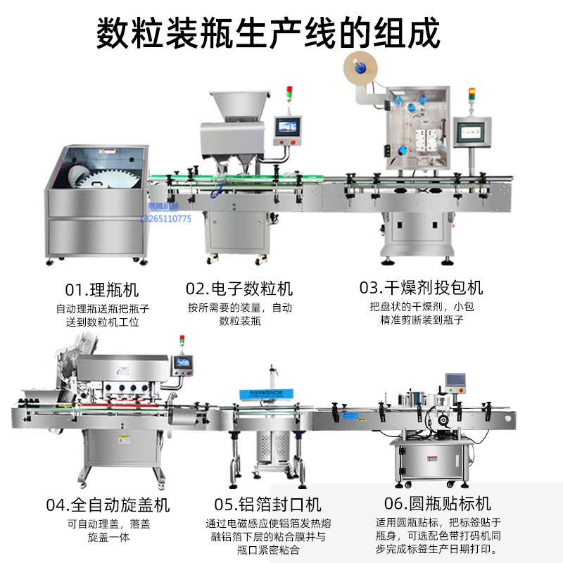 现货热销胶囊数粒装瓶生产线 压片糖果数片机 旋盖封口贴标整套线