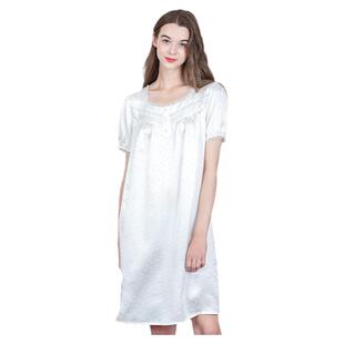 美标短袖睡衣100%桑蚕丝真丝白色睡裙女士夏季丝绸送礼家居服