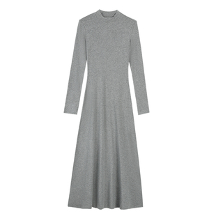 ousph【现货6折】黑色长袖针织连衣裙女修身深灰色设计感气质长裙