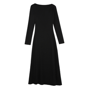 alex stevens一字领斜肩露肩连衣裙女长袖a字裙黑色长裙子针织秋