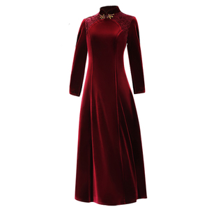 冬季加绒加厚连衣裙婚礼妈妈保暖金丝绒大码显瘦中长款旗袍厚礼服