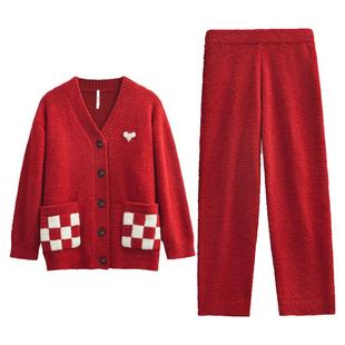 红豆情侣大红色珊瑚绒睡衣秋冬半边绒本命年男女士结婚家居服套装