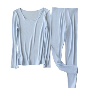 远红外升温发热保暖内衣套装女透气薄款秋衣裤打底长袖大领口上衣