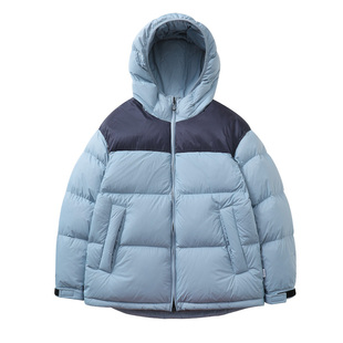 RESTICK 90%白鸭绒拼色连帽面包羽绒服情侣款冬季短款保暖外套男