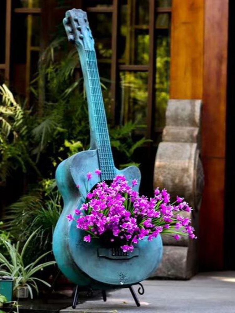 阳台花园户外装饰创意店门口布置吉他花盆覆古做旧琴园艺景观摆件