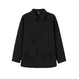 韦恩泽维尔大码假两件黑色衬衫男宽松高级设计感翻领长袖衬衣8739