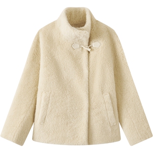 Marc O'Polo/MOP2025冬季新款牛角扣装饰羊羔毛立领斜门襟外套女