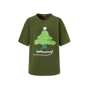 LEDIM WANG印花羊毛短袖T恤女25冬新款节日宽松内搭套头圆领上衣