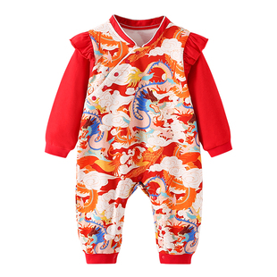 周岁礼服女宝宝衣服婴儿抓周宴国风百天满月红色连体衣生日宴秋冬