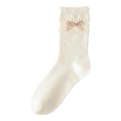 春秋袜子女短袜纯棉饰品蝴蝶结芭蕾风精梳棉极抗无骨中筒白色女袜