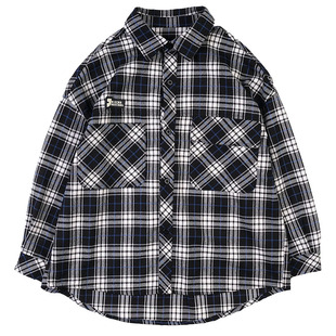 男童黑白格子衬衫长袖上衣儿童春秋磨毛开衫衬衣中大童装翻领外套