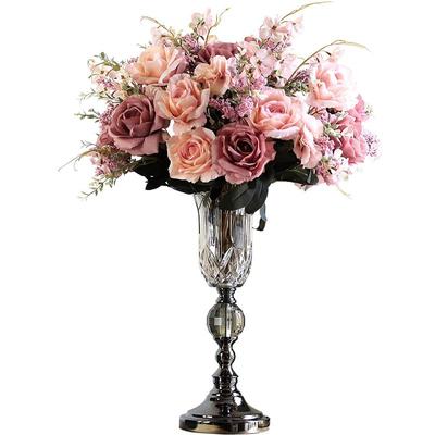 电镀合金高脚玻璃插仿真花花瓶