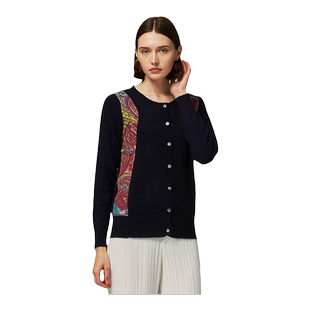 圣雪绒2019秋冬新品羊绒衫女士圆领拼接设计复古印花针织开衫