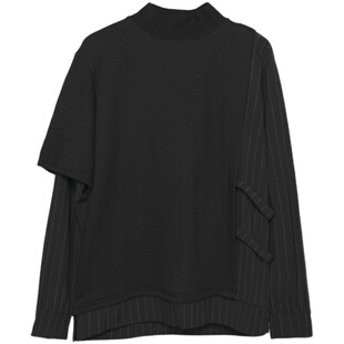 原创男装秋季暗黑港风不规则条纹拼接假两件衬衫半高领卫衣男长袖