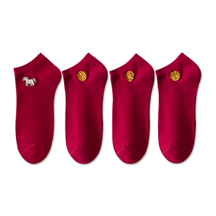 马年酒红色本命年袜子红袜子红色男款女袜情侣船袜短袜喜字结婚袜