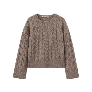 CROWNLESS未冕25秋冬新品复古纯羊毛松弛绞花微喇袖圆领廓形毛衣
